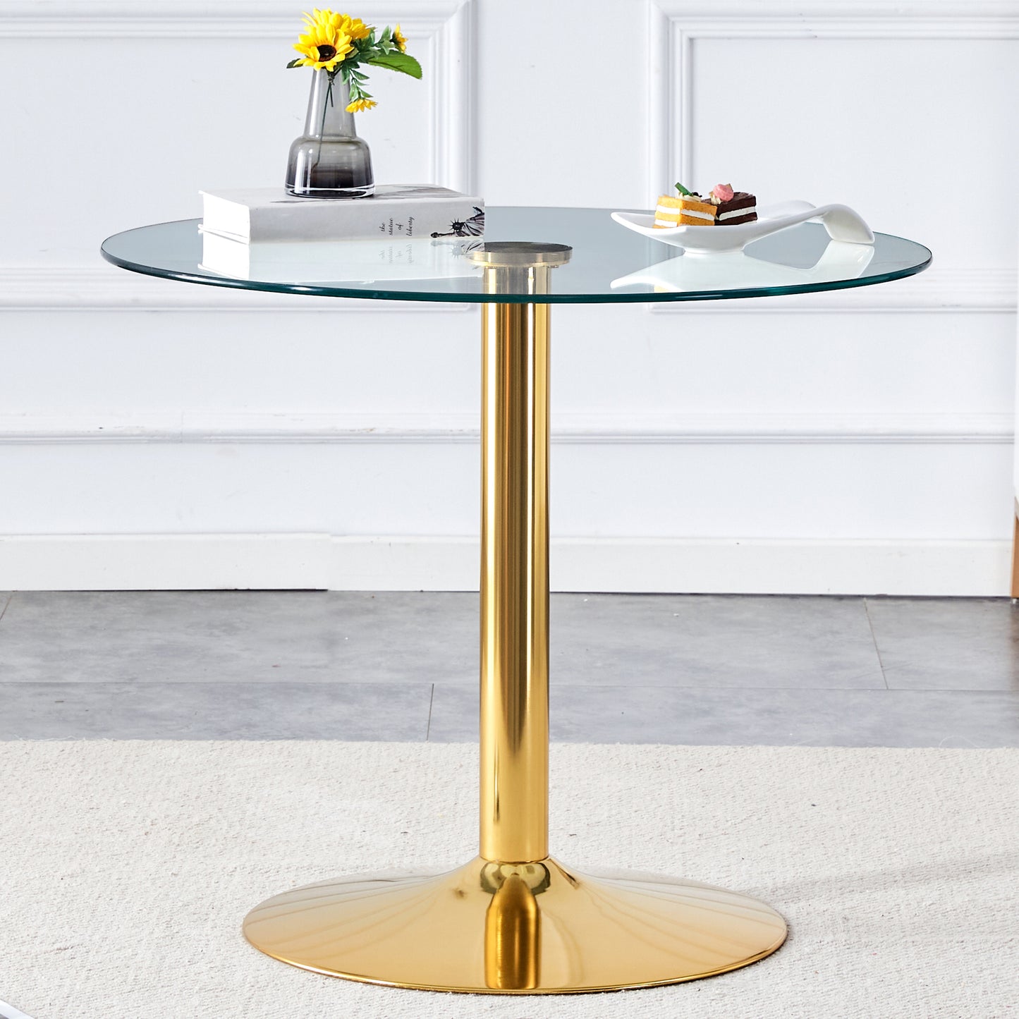 35 Inch Round Glass Dining Table - Gold Metal Legs for Dining Room