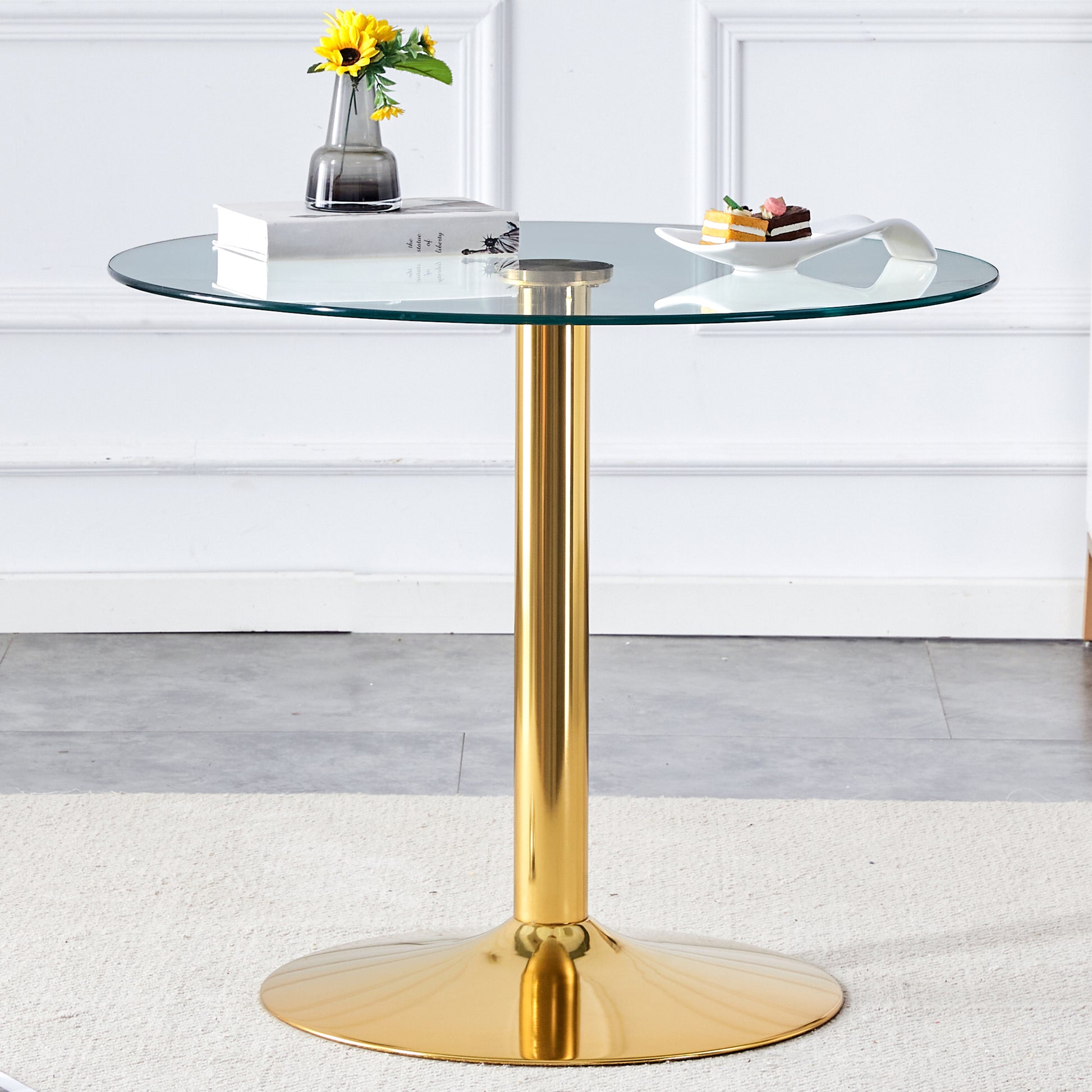 35 Inch Round Glass Dining Table - Gold Metal Legs for Dining Room