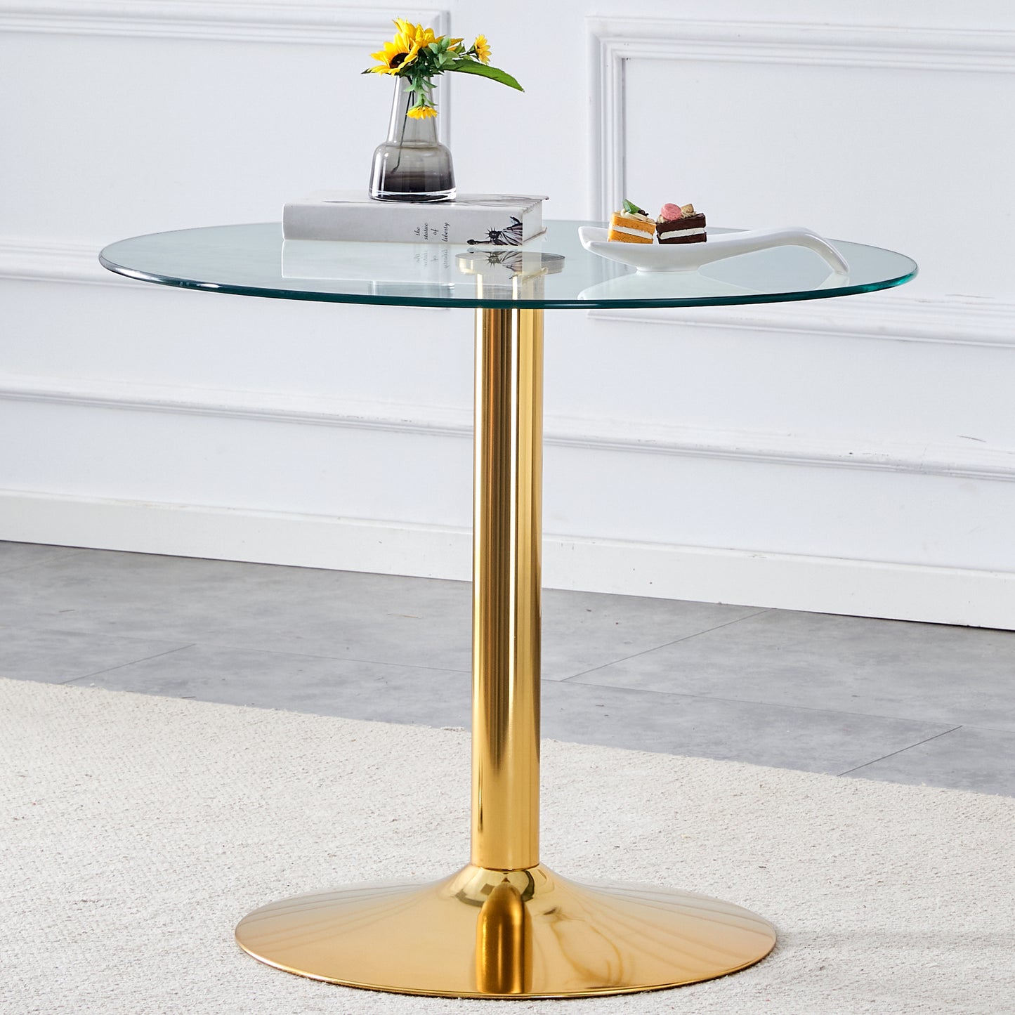 35 Inch Round Glass Dining Table - Gold Metal Legs for Dining Room