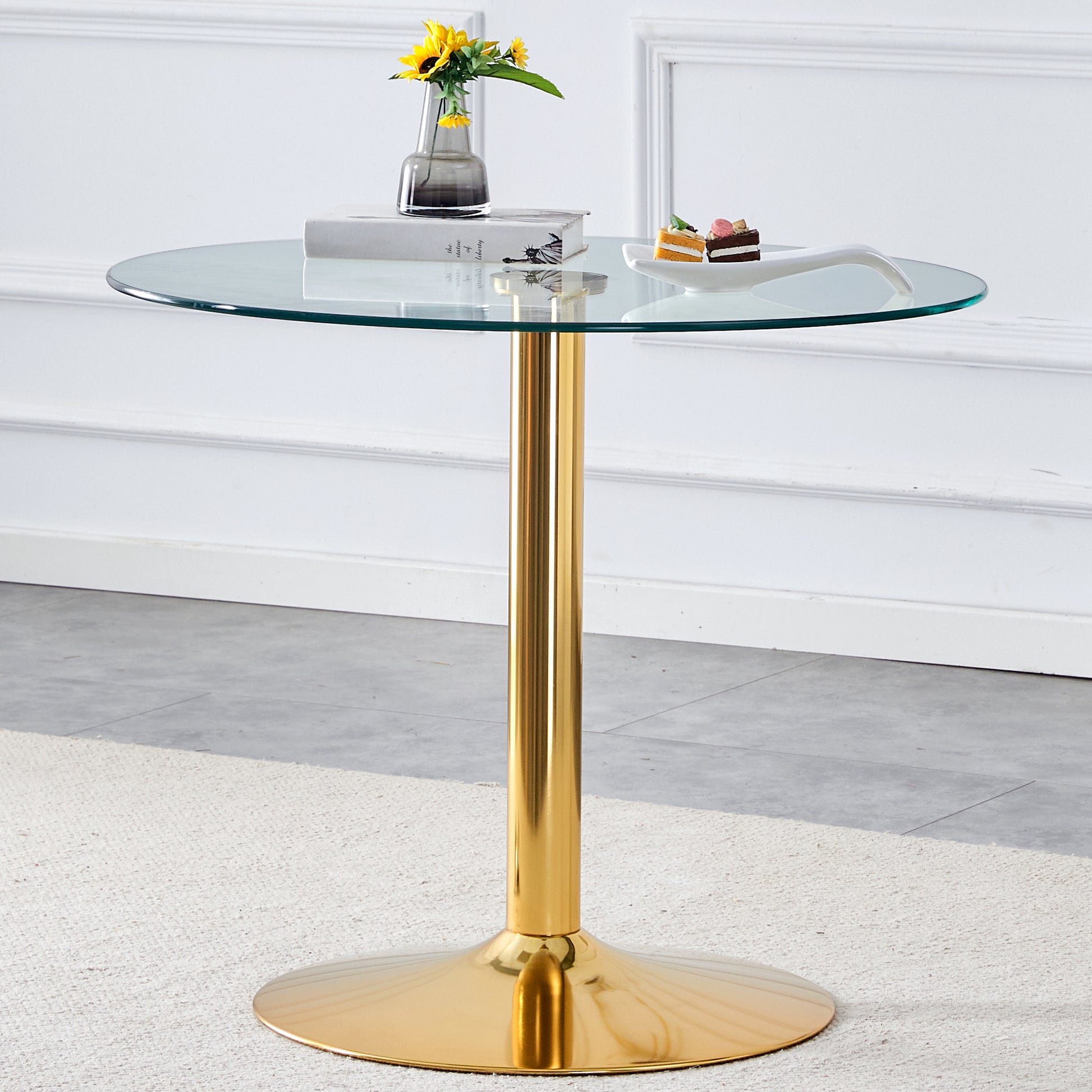 35 Inch Round Glass Dining Table - Gold Metal Legs for Dining Room