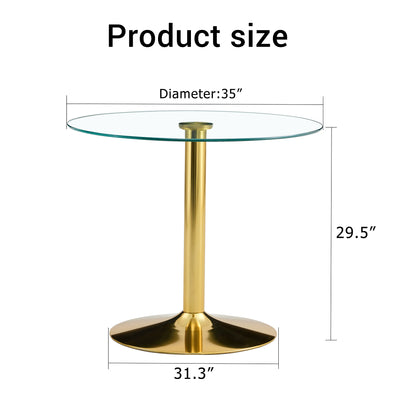 35 Inch Round Glass Dining Table - Gold Metal Legs for Dining Room