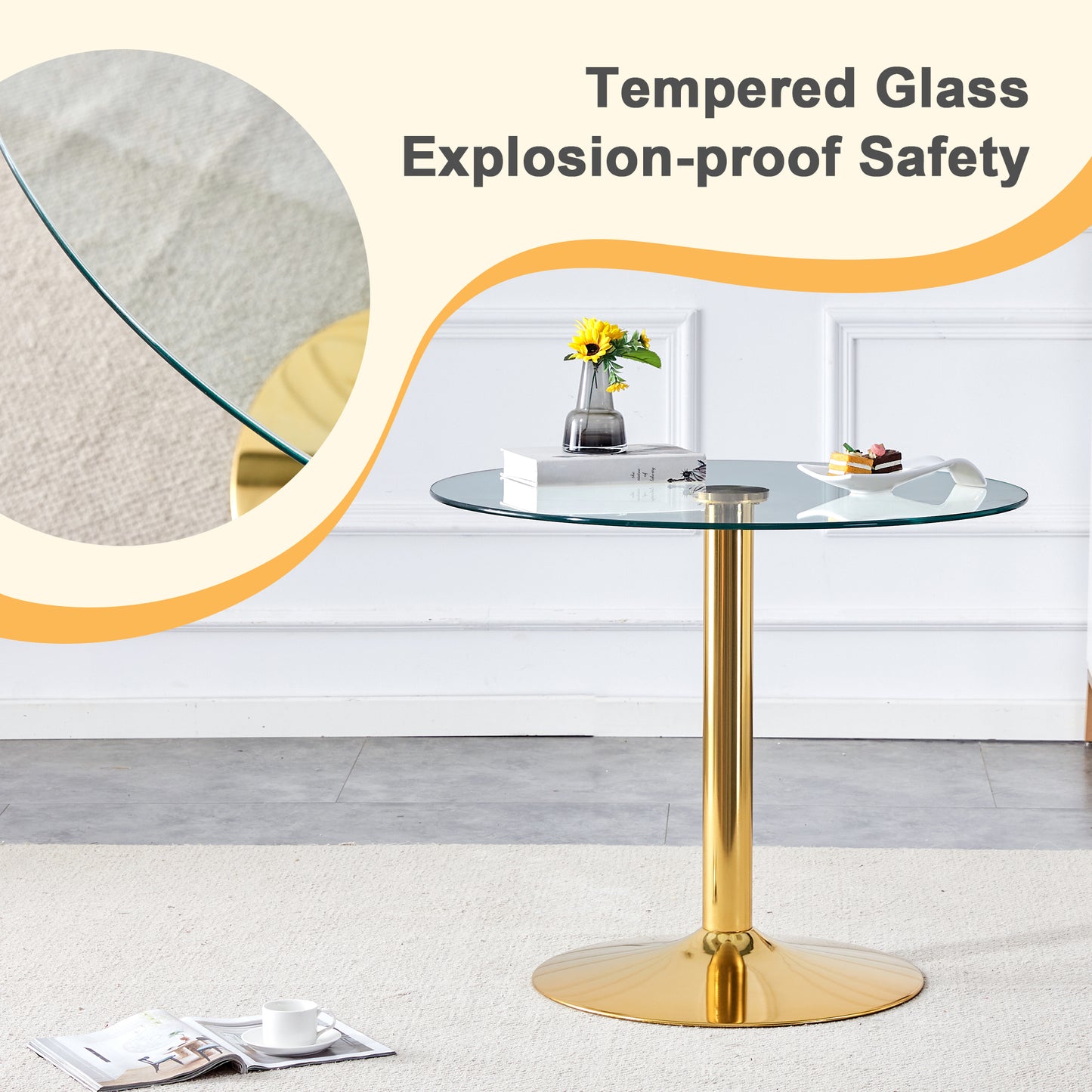 35 Inch Round Glass Dining Table - Gold Metal Legs for Dining Room