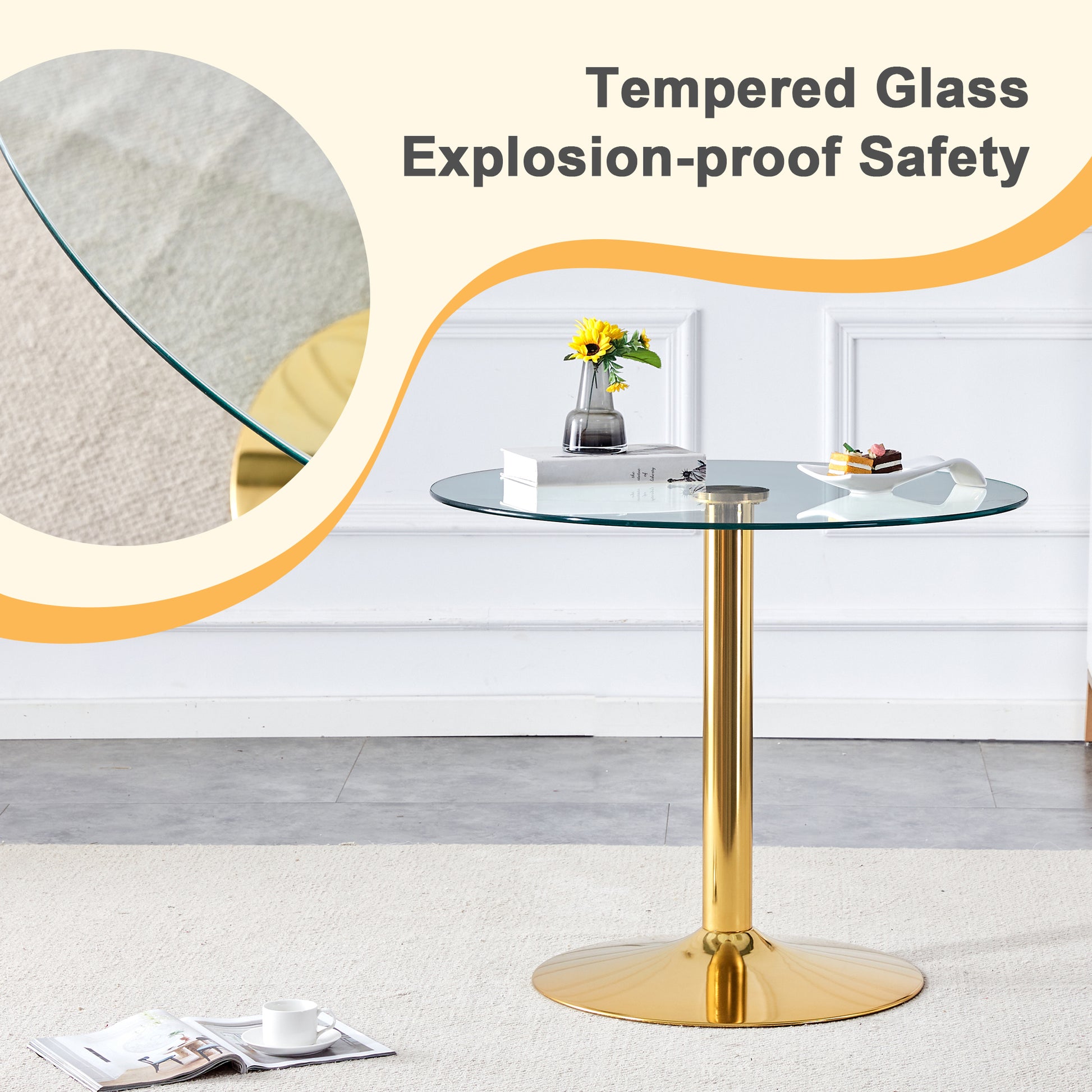 35 Inch Round Glass Dining Table - Gold Metal Legs for Dining Room