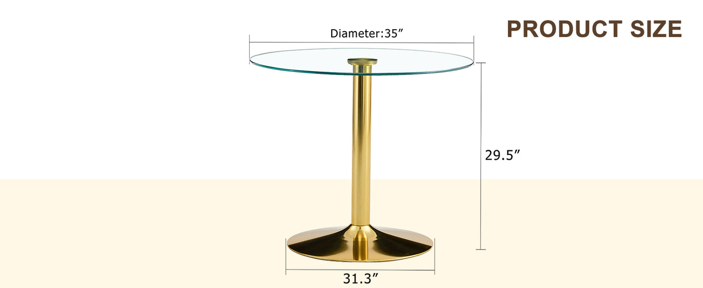 35 Inch Round Glass Dining Table - Gold Metal Legs for Dining Room