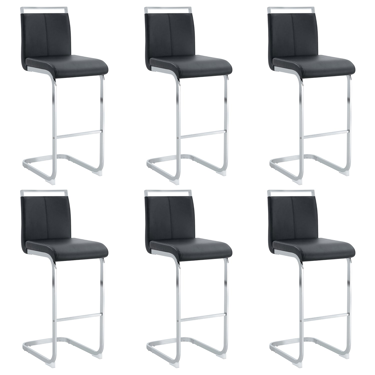 Modern and beautiful bar stool upholstered in PU leather with C-shaped silver metal legs for dining rooms, kitchens, terraces and guest office chairs.(set of 6) (black+PU)