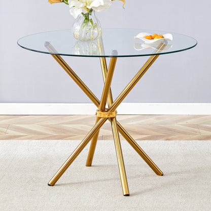Round Glass Dining Table - Gold Metal Legs - 36.6" Diameter