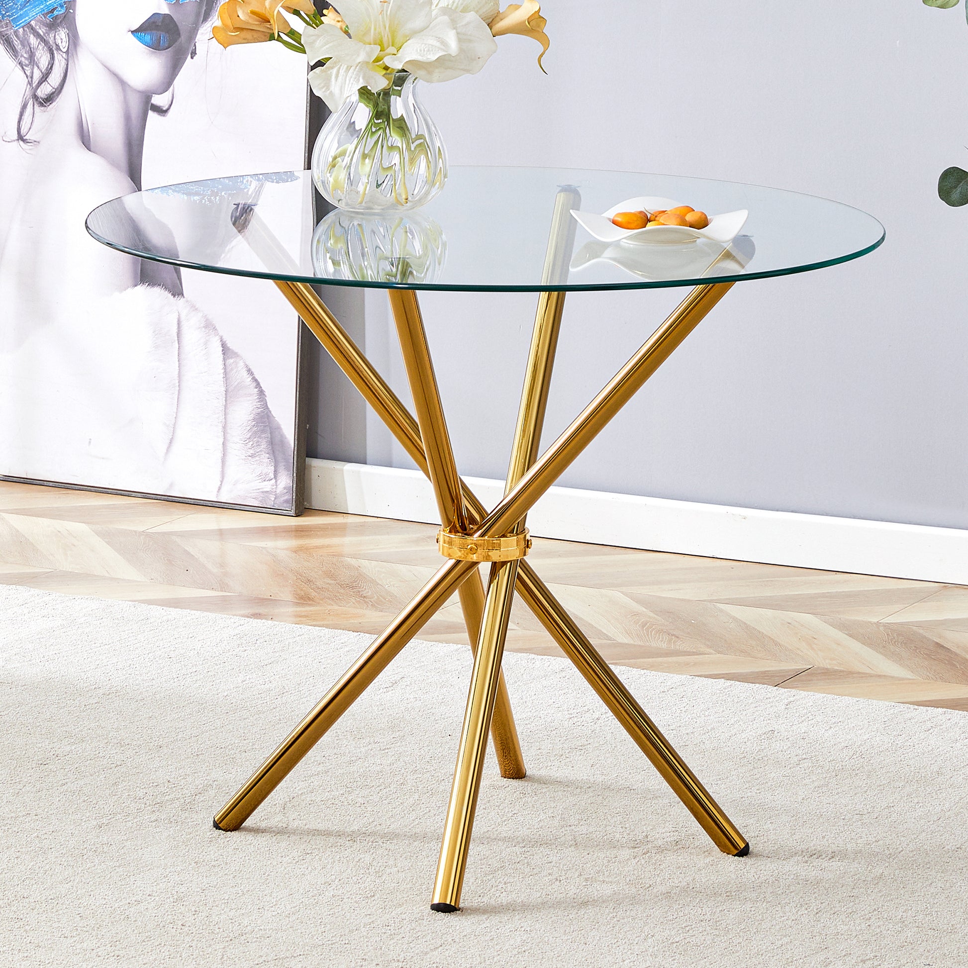 Round Glass Dining Table - Gold Metal Legs - 36.6" Diameter