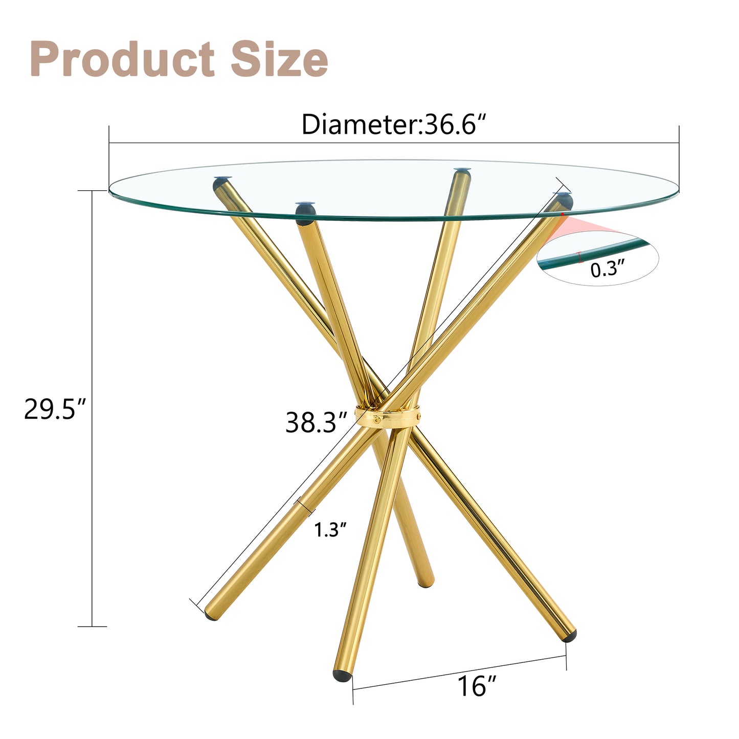 Round Glass Dining Table - Gold Metal Legs - 36.6" Diameter