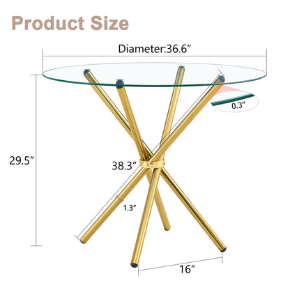 Round Glass Dining Table - Gold Metal Legs - 36.6" Diameter