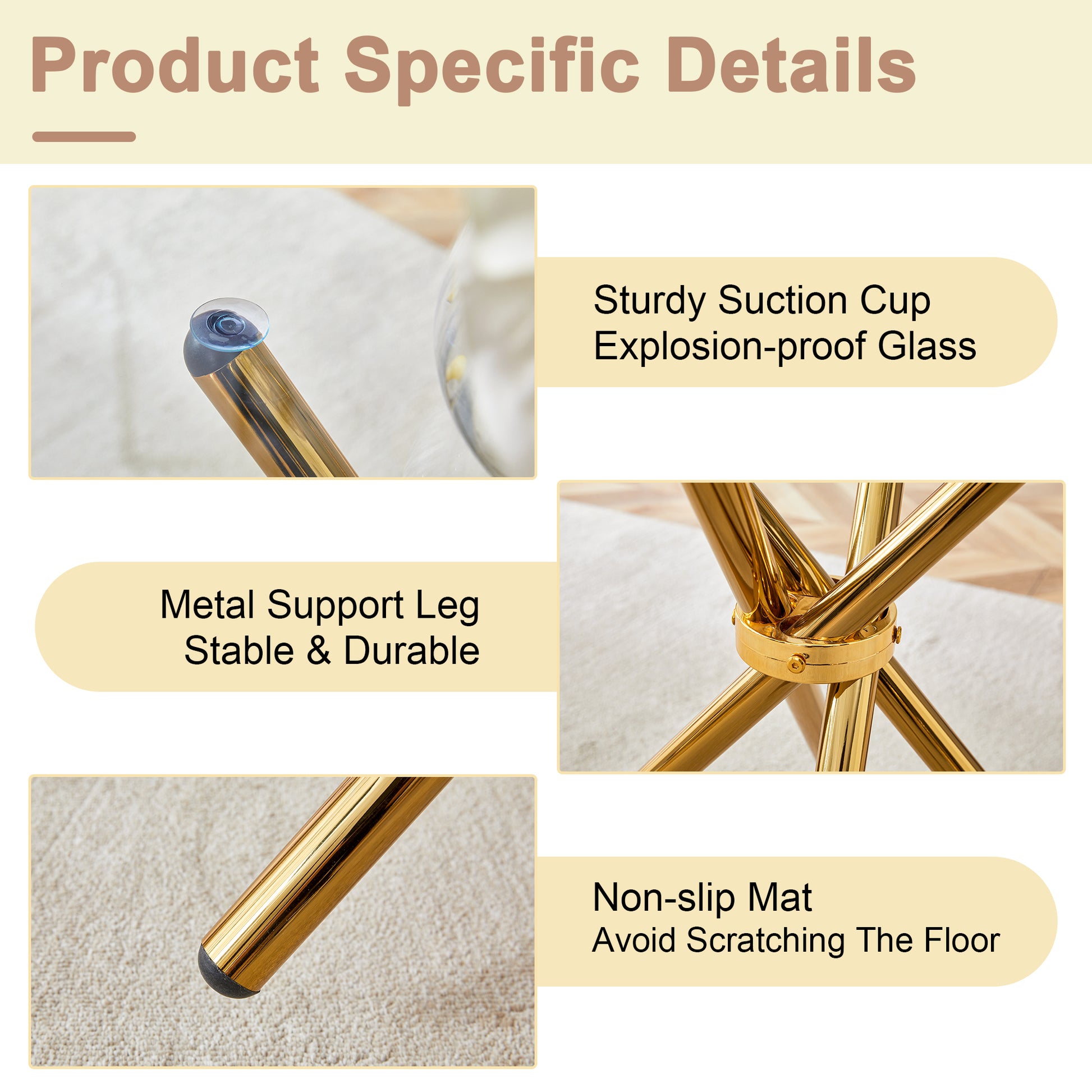 Round Glass Dining Table - Gold Metal Legs - 36.6" Diameter