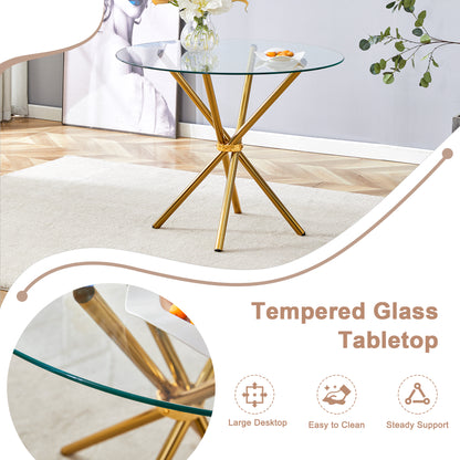 Round Glass Dining Table - Gold Metal Legs - 36.6" Diameter