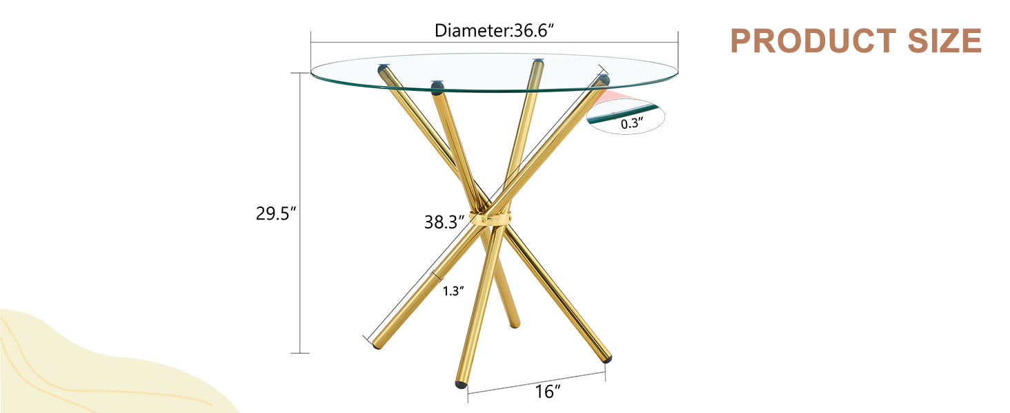 Round Glass Dining Table - Gold Metal Legs - 36.6" Diameter