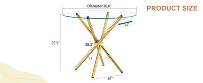 Round Glass Dining Table - Gold Metal Legs - 36.6" Diameter