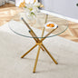 Round clear glass dining table with a unique shape for 4-6 people, with ring-shaped gathered gold metal legs, suitable for desks, kitchens, terraces, dining rooms. W1151P208338