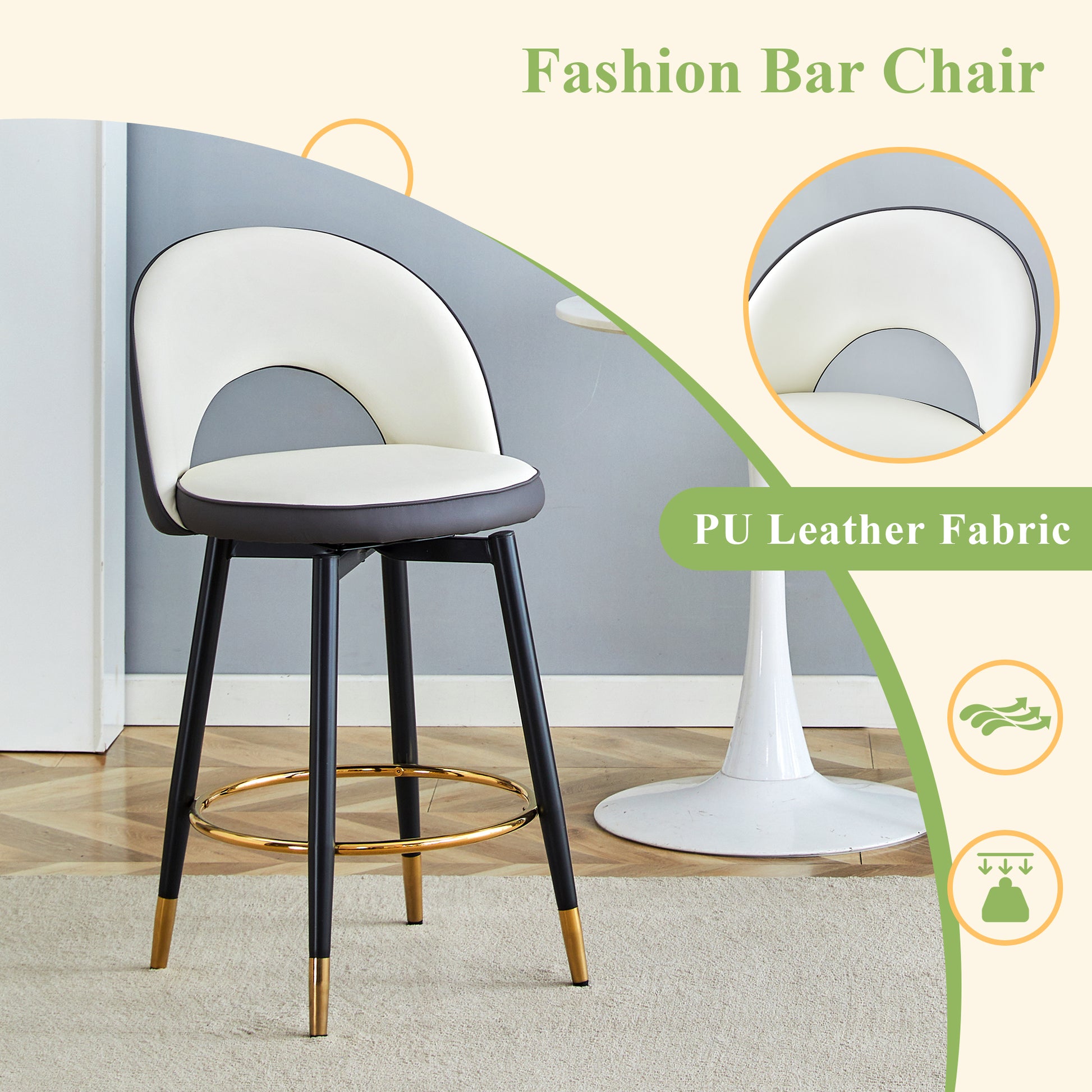 Dark Gray & White Bar Chairs - Set of 2 Rotating Dining Seats
