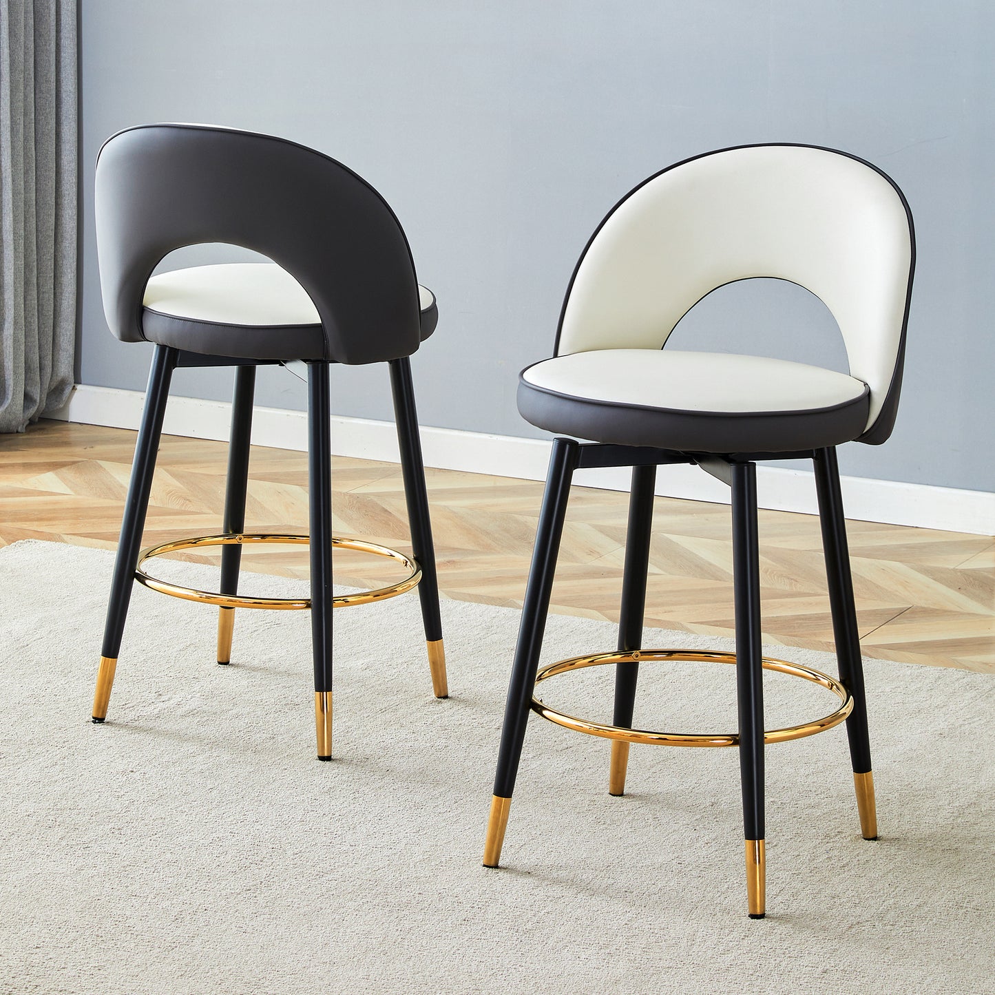 360 ° rotatable bar chair.Modern White and Dark Gray Spliced Color PU comfortable upholstered bar chair with smooth and beautiful black metal legs for dining room, kitchen, terrace.Set Of 2.