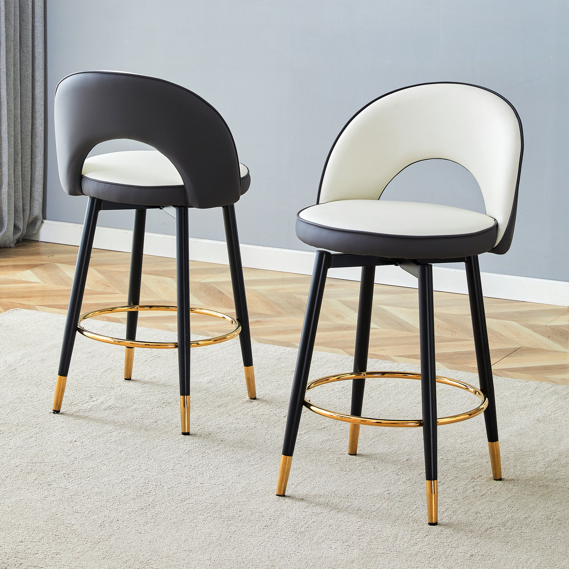 360 ° rotatable bar chair.Modern White and Dark Gray Spliced Color PU comfortable upholstered bar chair with smooth and beautiful black metal legs for dining room, kitchen, terrace.Set Of 2.