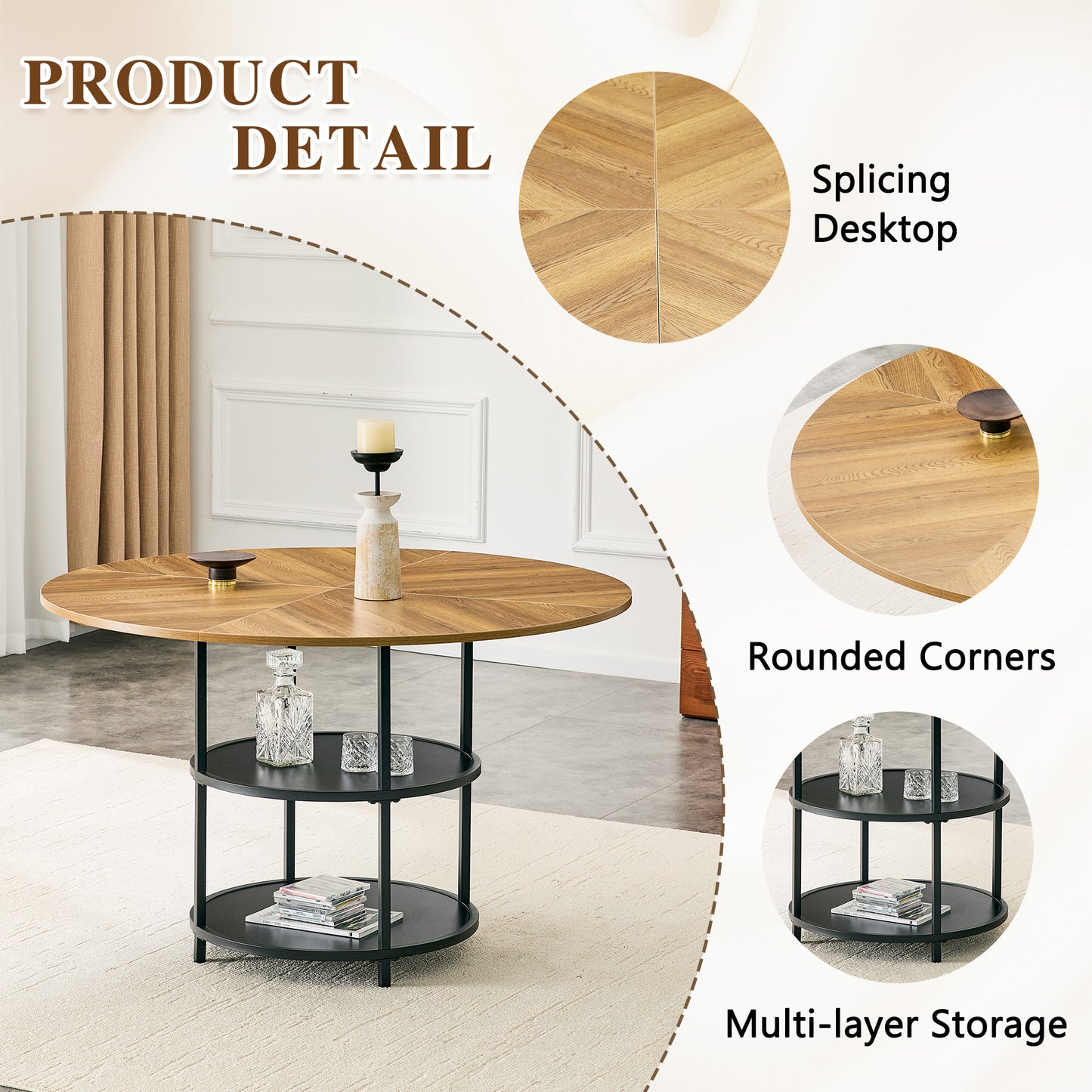 47.3-inch Modern Circular Dining Table - Double Layer Storage, Black & Wood