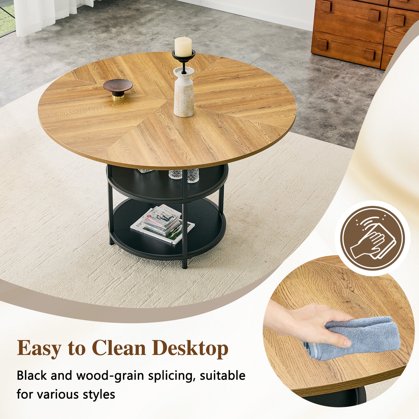 47.3-inch Modern Circular Dining Table - Double Layer Storage, Black & Wood