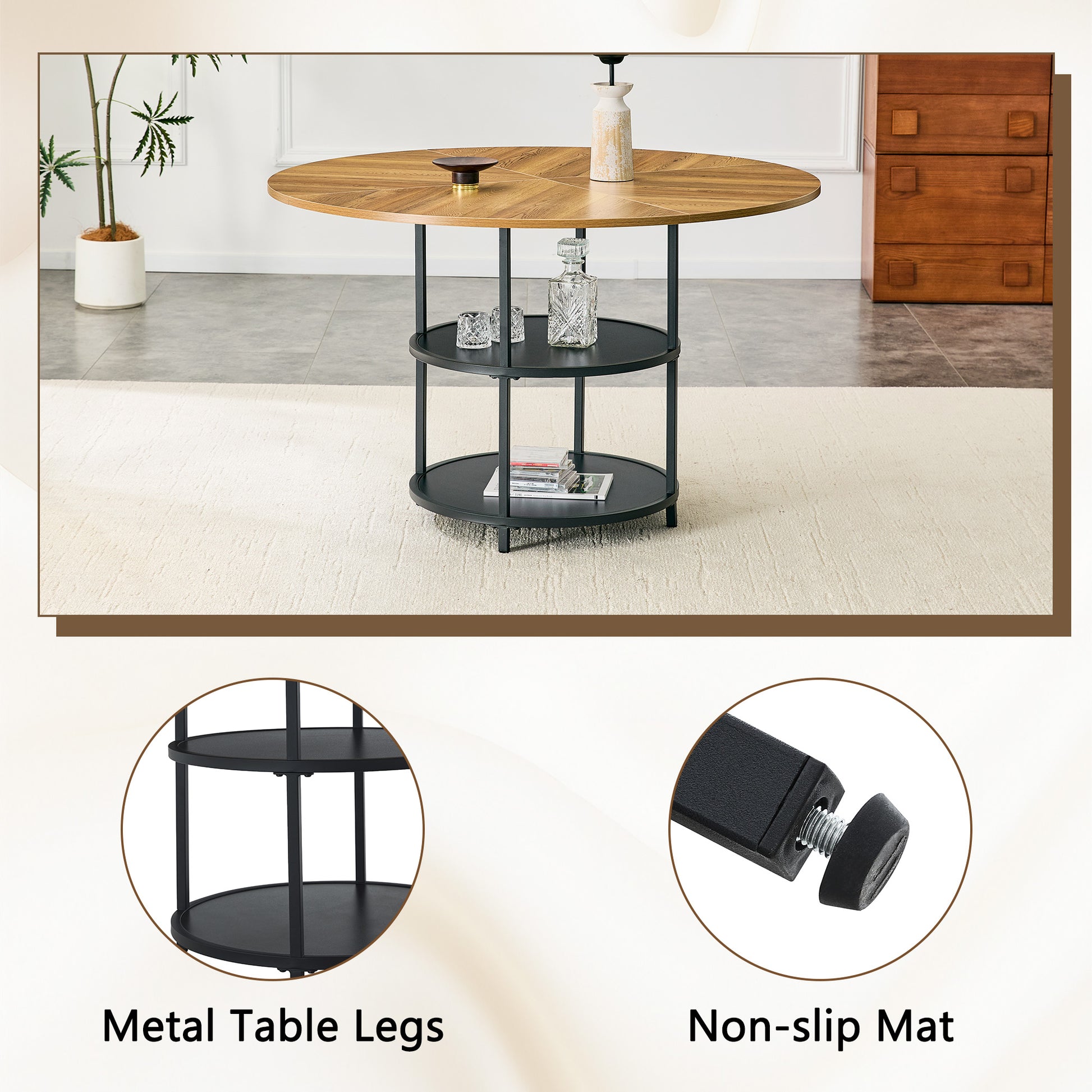 47.3-inch Modern Circular Dining Table - Double Layer Storage, Black & Wood