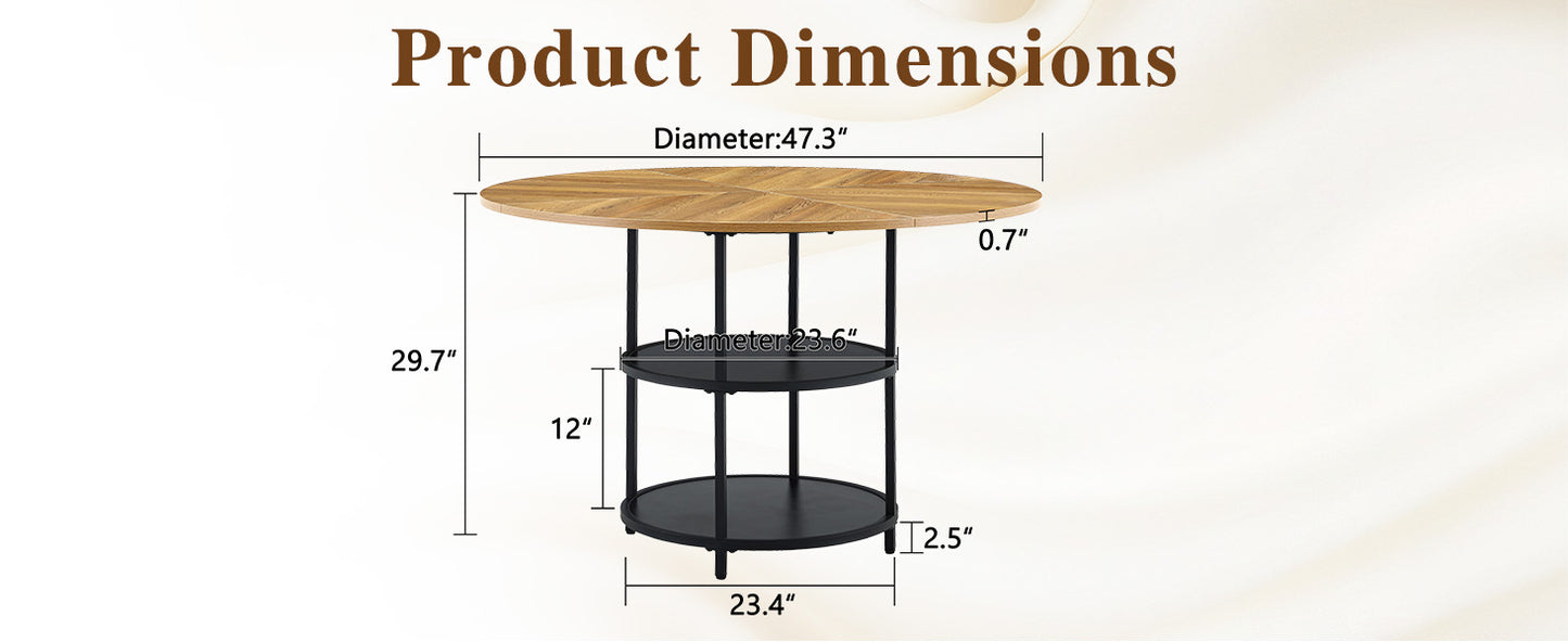 47.3-inch Modern Circular Dining Table - Double Layer Storage, Black & Wood