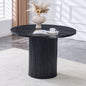 A modern spliced circular dining table with a diameter of 42 inches, featuring black wood color textures fan-shaped diagonal color splicing board design, interpreting home aesthetics and practicality.
