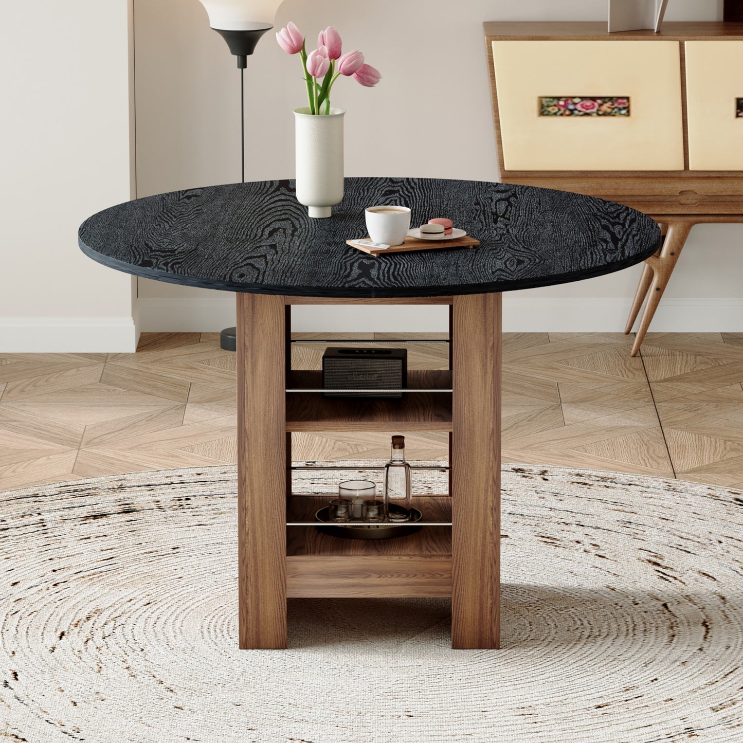 42 Inch Round Black Wood Dining Table with Storage Shelves for Dining Room