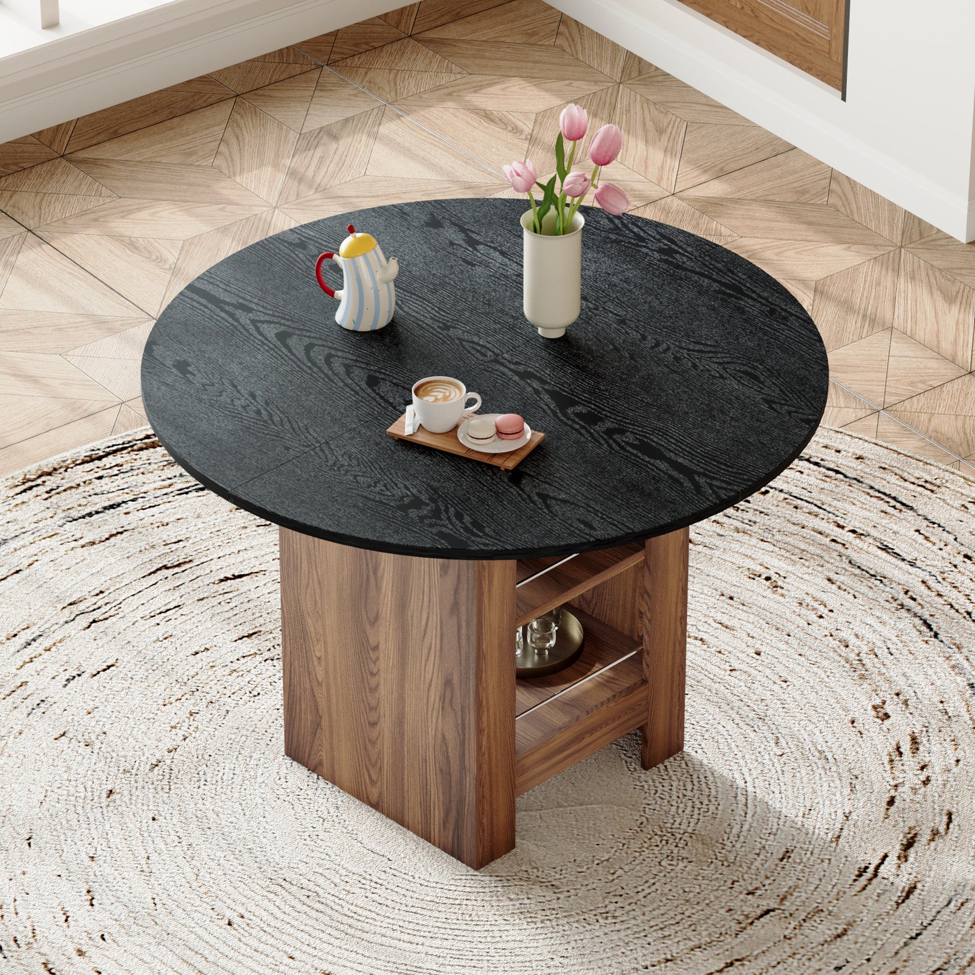 42 Inch Round Black Wood Dining Table with Storage Shelves for Dining Room