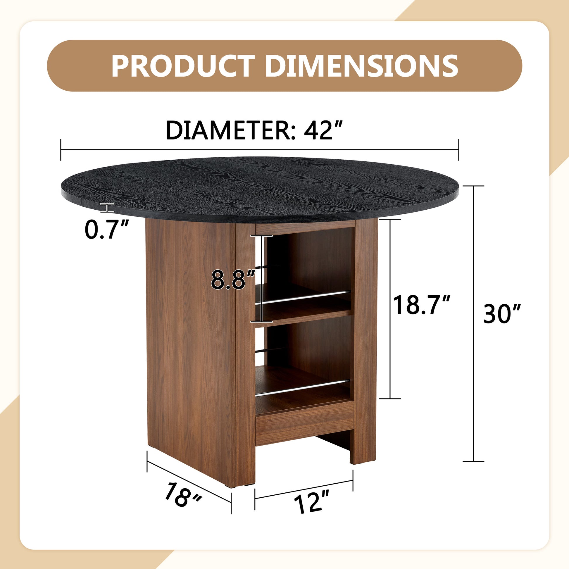 42 Inch Round Black Wood Dining Table with Storage Shelves for Dining Room