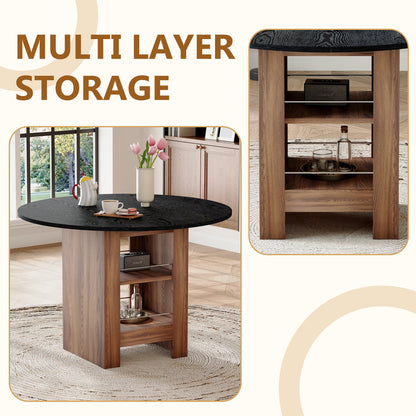 42 Inch Round Black Wood Dining Table with Storage Shelves for Dining Room