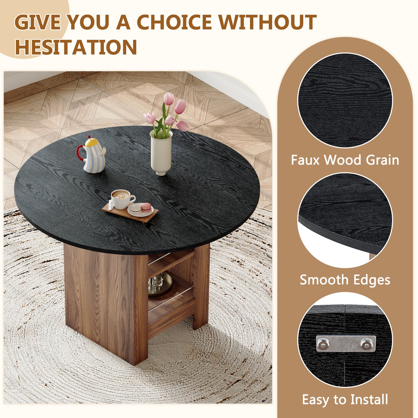 42 Inch Round Black Wood Dining Table with Storage Shelves for Dining Room