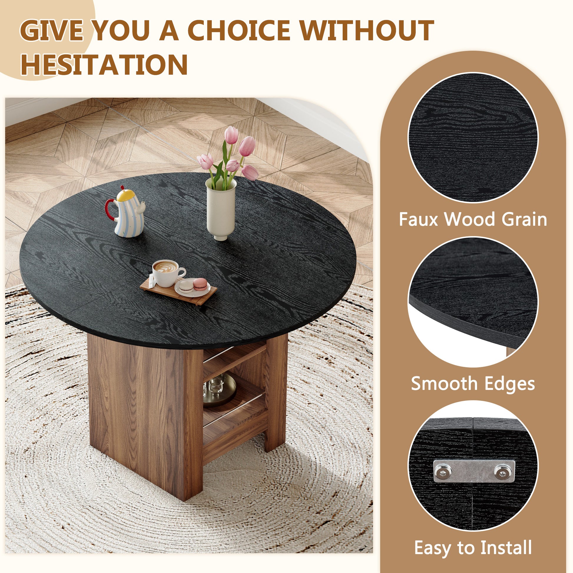 42 Inch Round Black Wood Dining Table with Storage Shelves for Dining Room