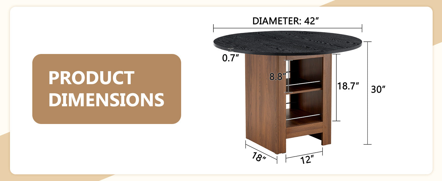 42 Inch Round Black Wood Dining Table with Storage Shelves for Dining Room