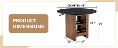 42 Inch Round Black Wood Dining Table with Storage Shelves for Dining Room