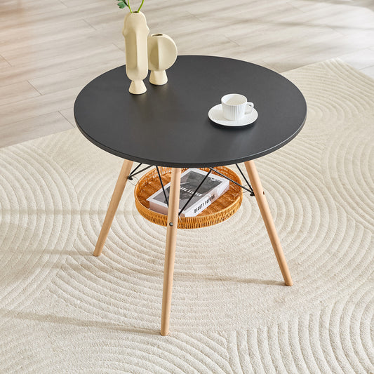 31.5-inch diameter circular dining table, black MDF vacuum formed tabletop, solid wood legs, with suspended woven storage basket structure. A casual coffee table suitable for 2-4 people.