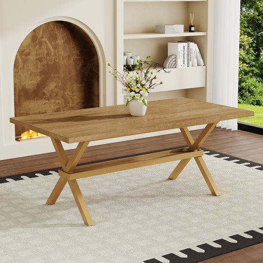 71 * 35.4 inch wood MDF splicing desktop, light wood MDF splicing desktop, wood sprayed metal X-shaped bracket dining table. The modern minimalist restaurant table can accommodate 6-8 people.