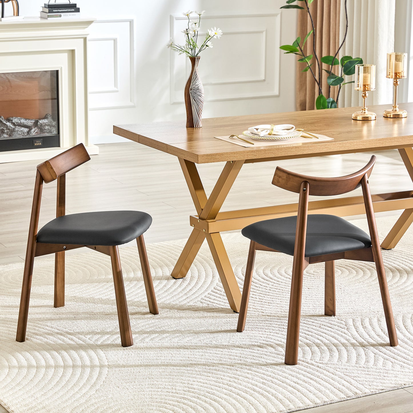 2 walnut colored solid wood dining chairs, with black PU soft cushions and curved backrests that fit the curves of the back, suitable for home dining.