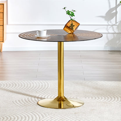 35 Inch Brown Ring Glass Dining Table - Gold Metal Frame for Dining Room