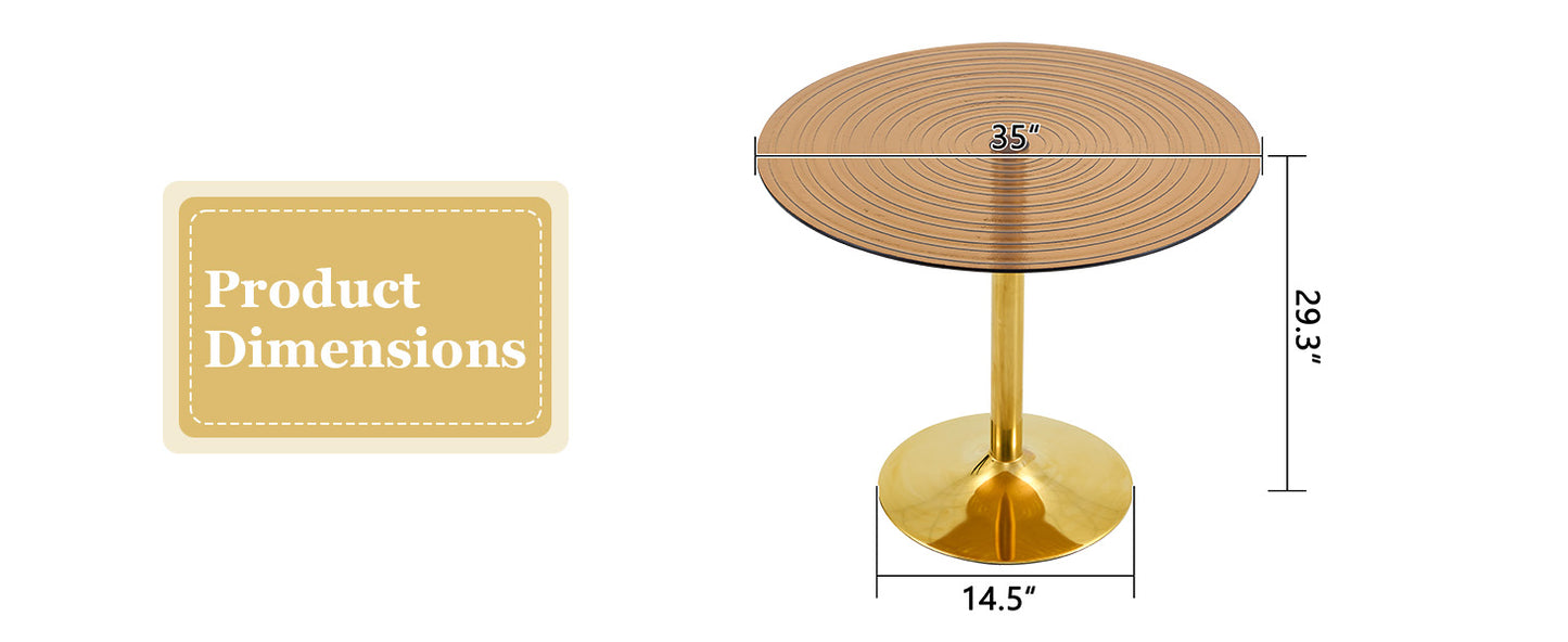 35 Inch Brown Ring Glass Dining Table - Gold Metal Frame for Dining Room