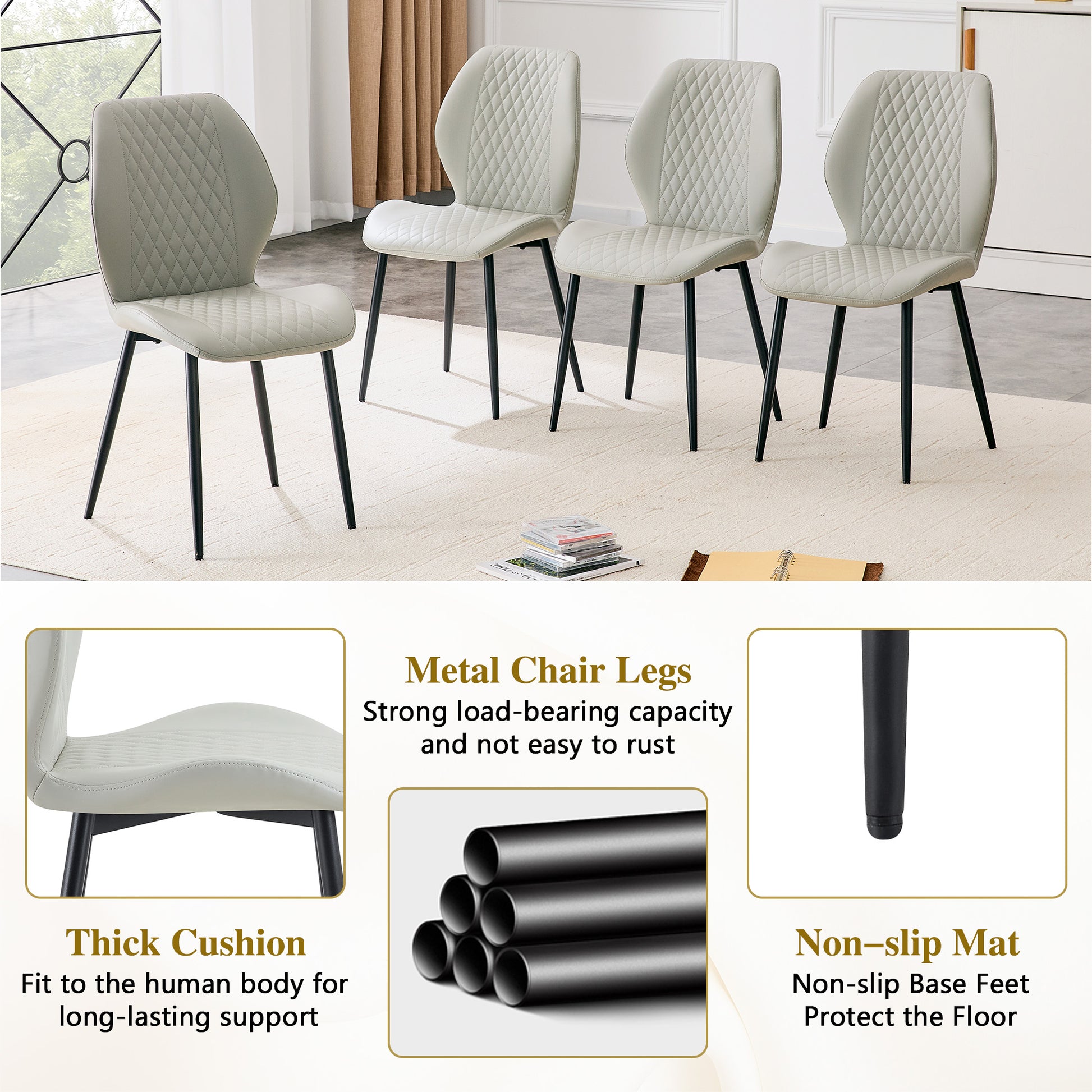Light Gray Diamond Quilted Dining Chairs - Set of 4 for Dining Room