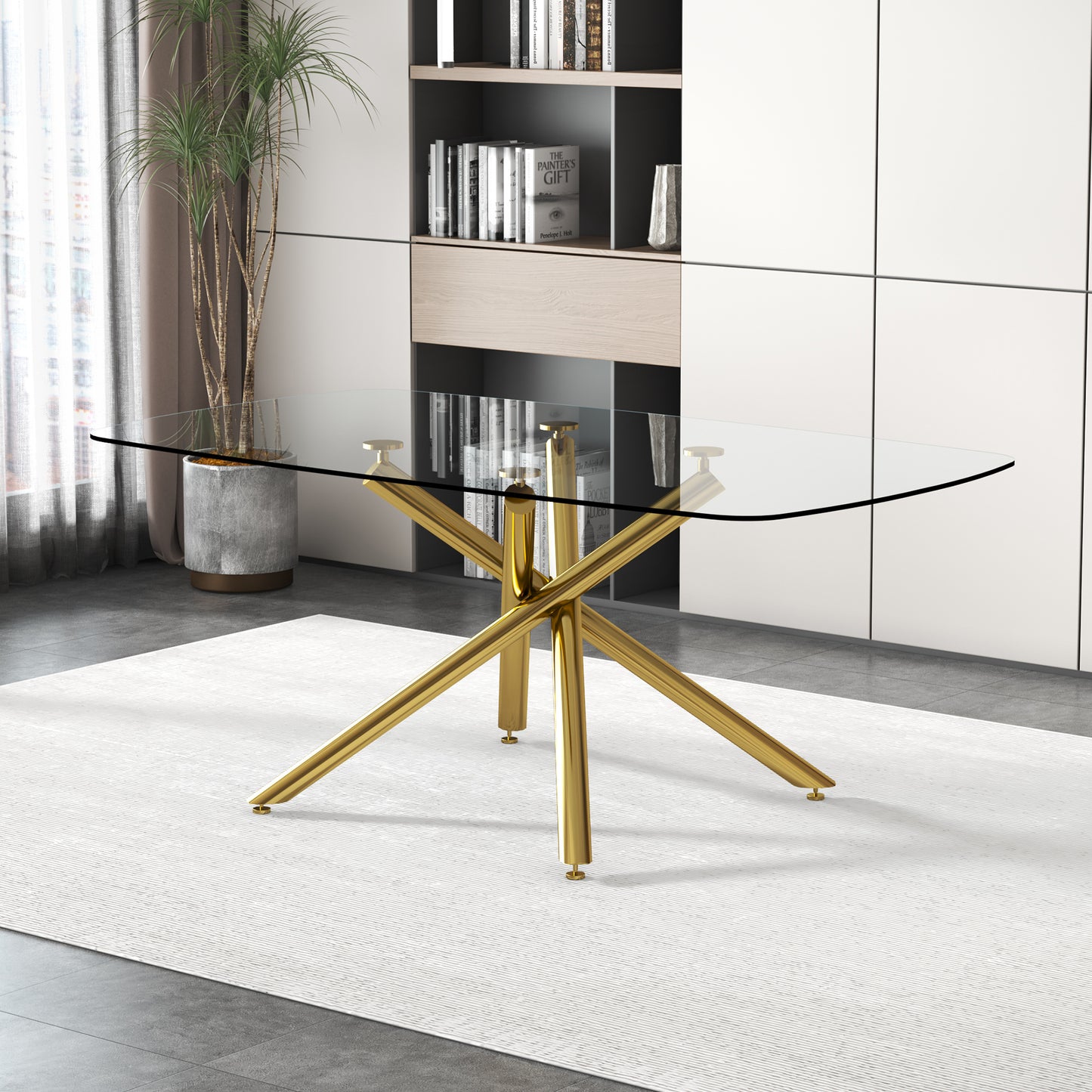 Golden Glass Dining Table with Metal Frame for Kitchen and Dining Room