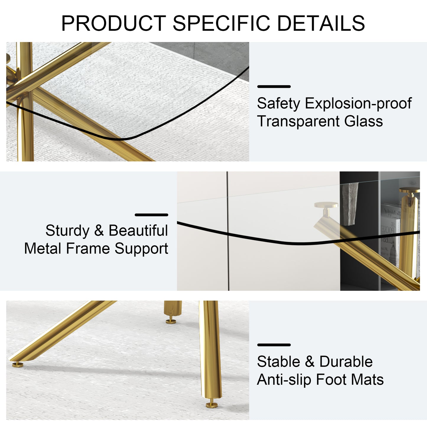 Golden Glass Dining Table with Metal Frame for Kitchen and Dining Room