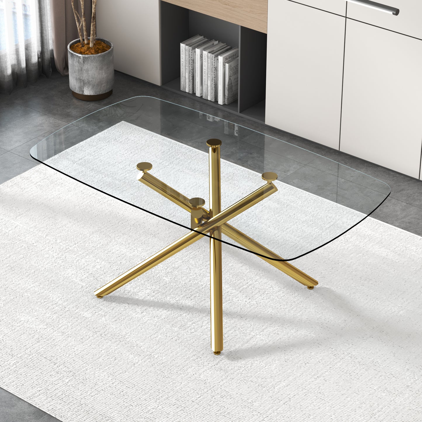 Large Modern Minimalist Rectangular Glass Dining Table with 0.39" Tempered Glass Top and Gilded Metal Legs for Kitchen, Dining Room, Living Room, Meeting Room, Ballroom 71" x 35.4" x 30".W1151S00840
