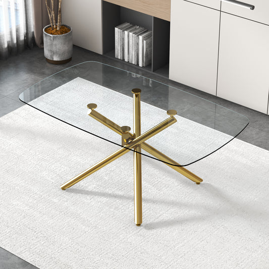 Large Modern Minimalist Rectangular Glass Dining Table with 0.39" Tempered Glass Top and Gilded Metal Legs for Kitchen, Dining Room, Living Room, Meeting Room, Ballroom 71" x 35.4" x 30".W1151S00840