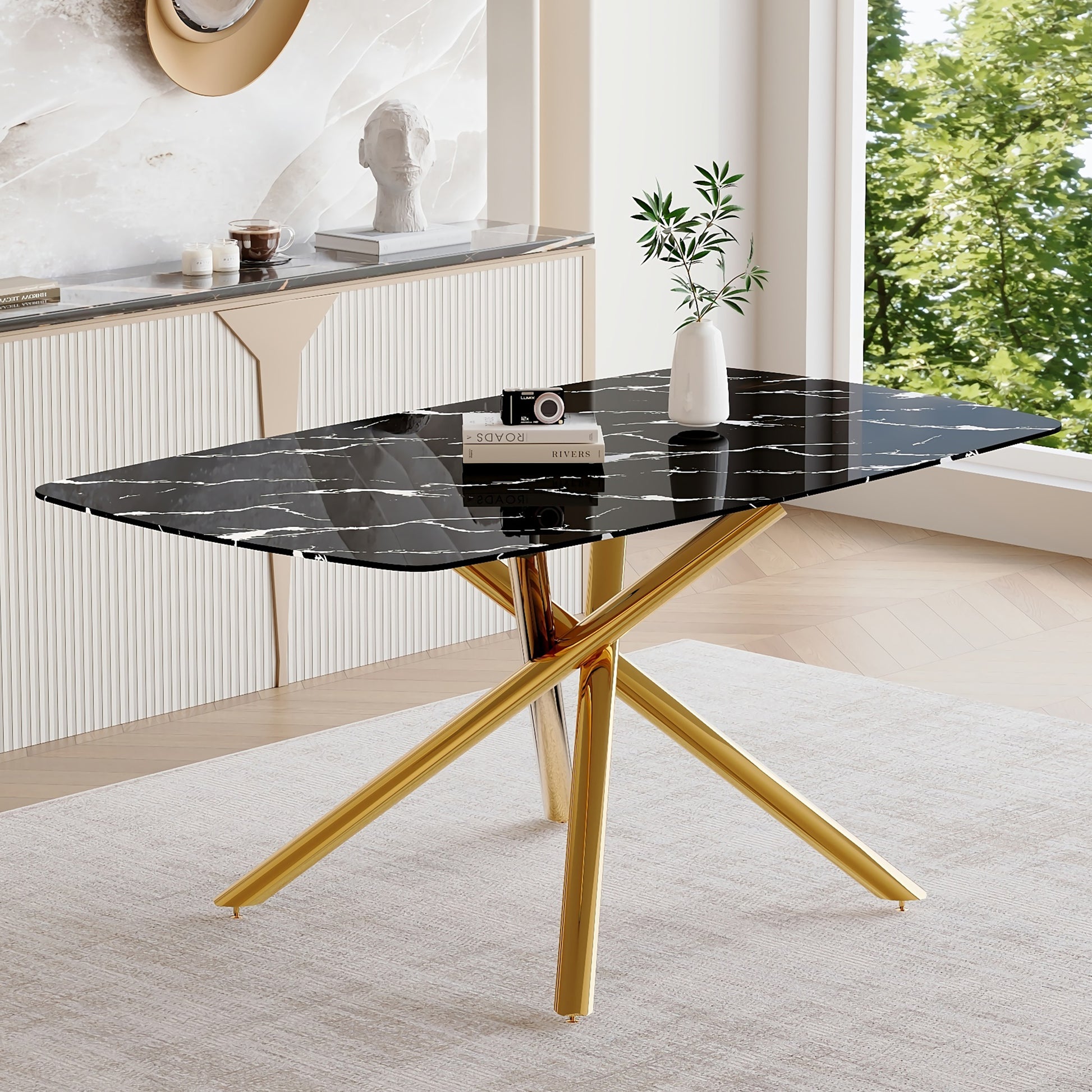 63" Black Marble Dining Table - Golden Metal Legs