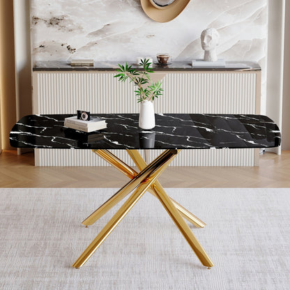 63" Black Marble Dining Table - Golden Metal Legs