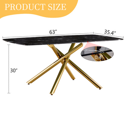 63" Black Marble Dining Table - Golden Metal Legs