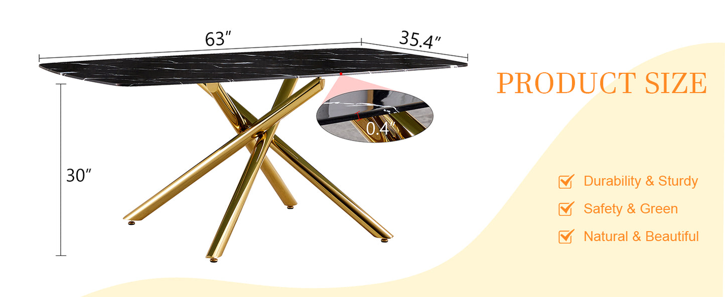 63" Black Marble Dining Table - Golden Metal Legs