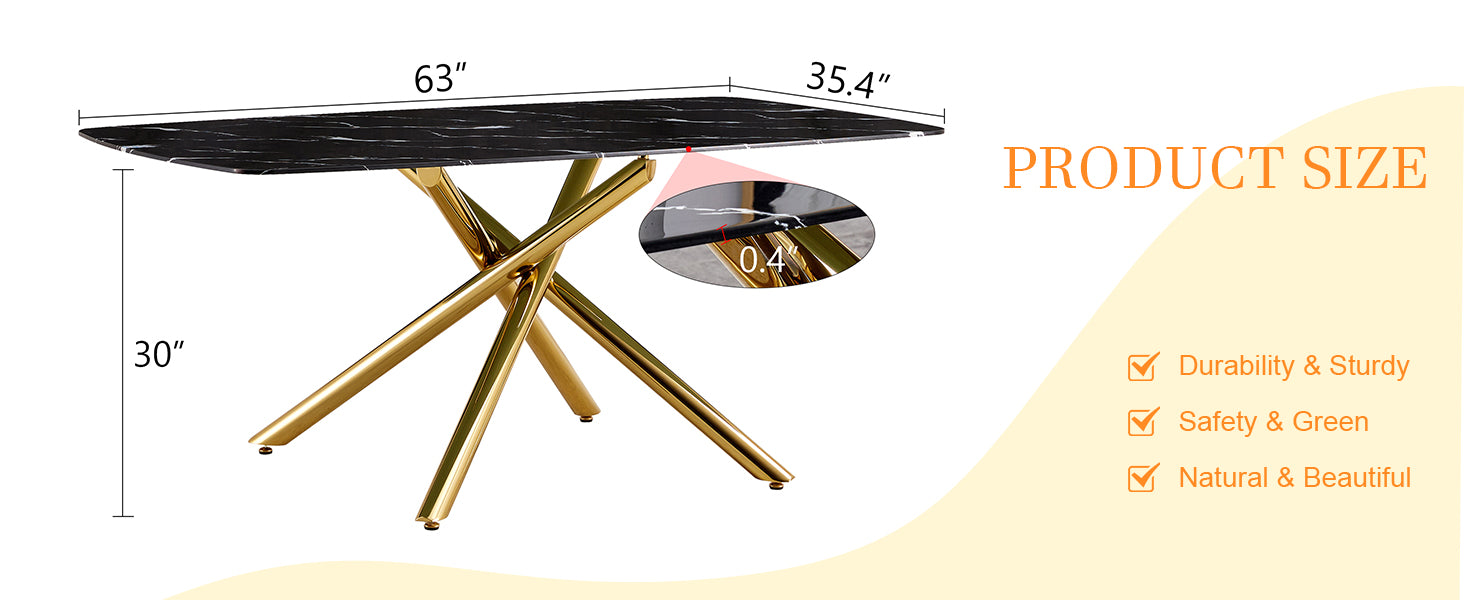 63" Black Marble Dining Table - Golden Metal Legs