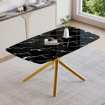 63"x35.4" Luxurious Black Marble-Patterned Tempered Glass Dining Table.Single Fork Golden Metal Table Legs.Tempered Glass Table Top,Golden Metal Leg.Make it Adaptable To Various Decoration Styles.